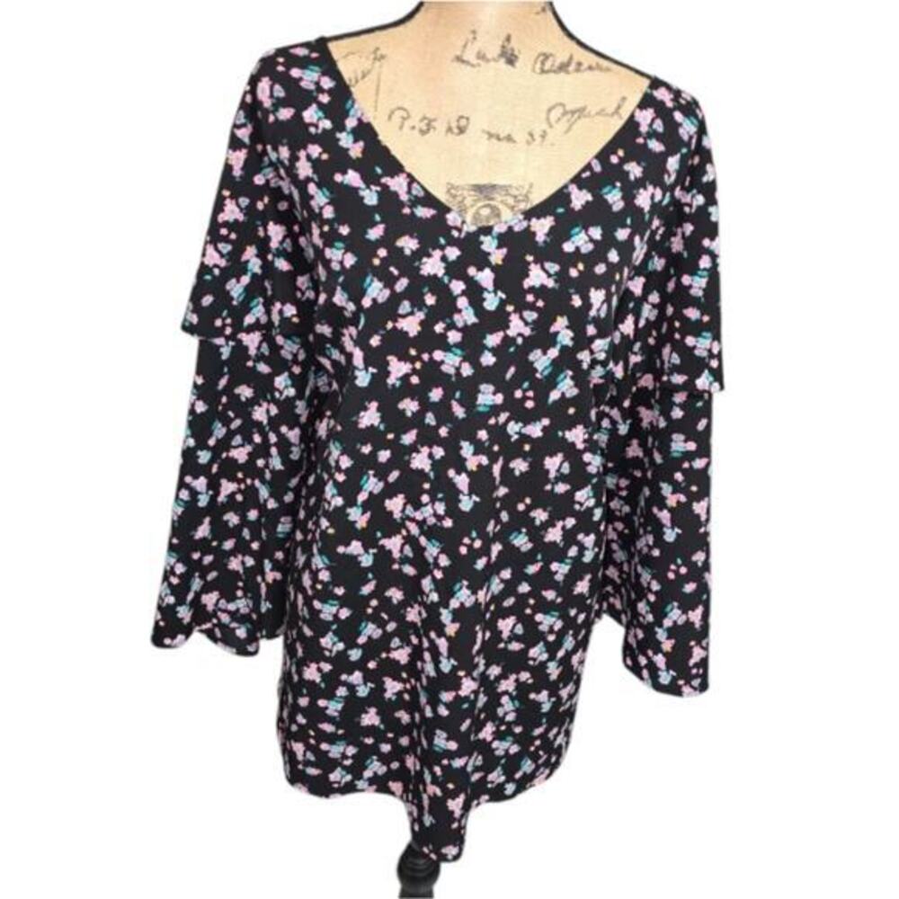 Lane Bryant Black Pink Green Floral V-Neck Blouse Plus Size 22 24 3X